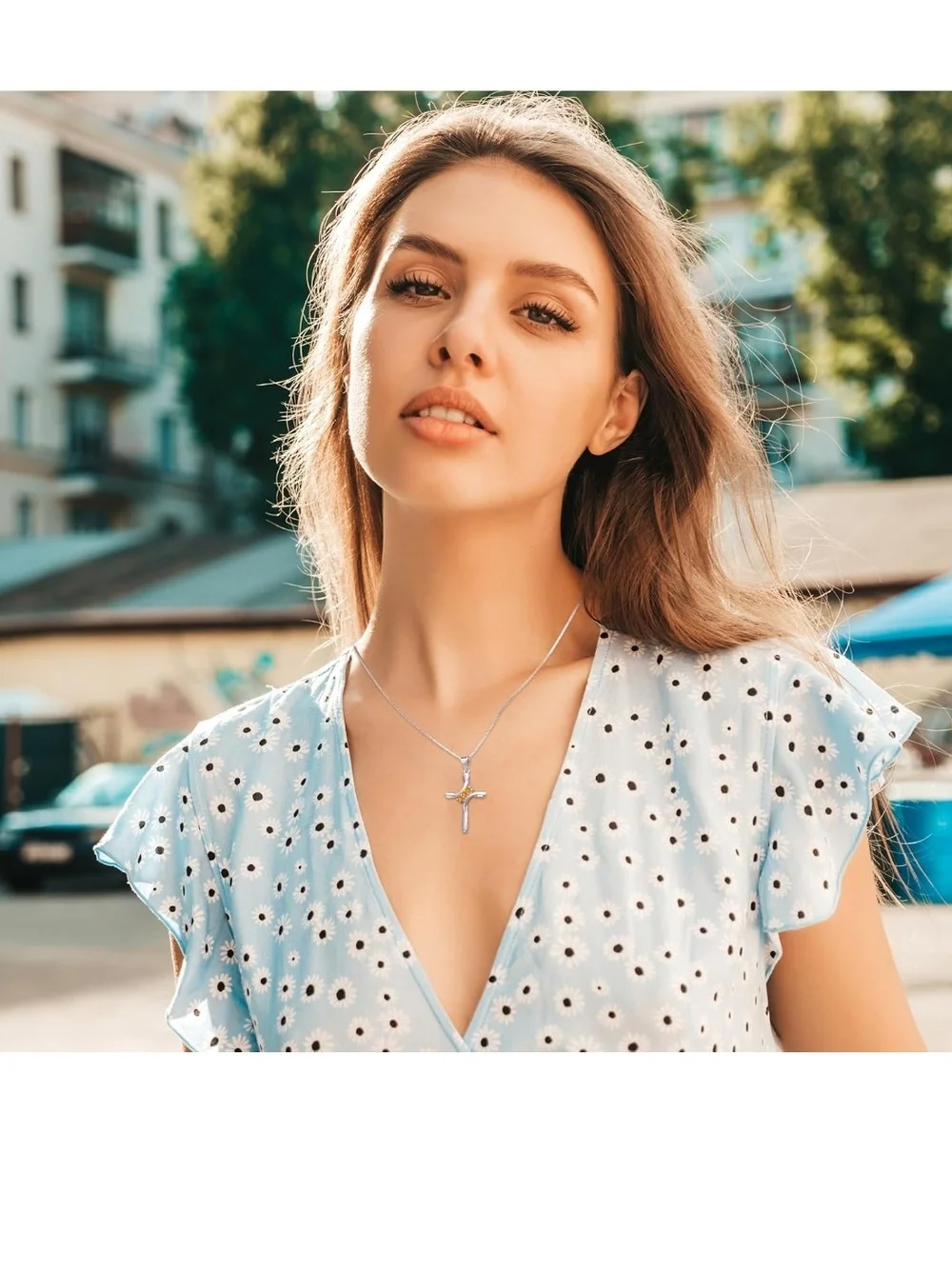 Sterling Silver Cross Necklace with Orange Gem Accents